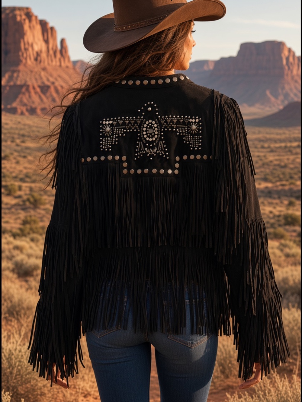 Rare Double D Ranch Thunderbird black fringe leather jacket studs RTL $1295